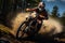 Rider on a cross-country enduro motorcycle go fast in wet forest.