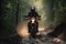 Rider driving motorcycle through forests roads, Generative AI