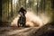 Rider driving motorcycle through forests roads, Generative AI