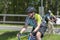 Rider with helmet ribbons in Pan-Mass Challenge