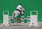 A rider jumps over the hurdle