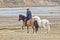 The rider rides on an Icelandic horse against a mountain landscape