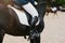 Rider riding a horse in an equestrian sports competition. close-up, foot in the stirrup. dressage or outdoor training