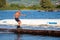 Rider wakeboarding in the cable wake park Merkur