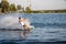 Rider wakeboarding in the cable wake park Merkur