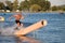 Rider wakeboarding in the cable wake park Merkur