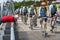 Riders crossing temporary bridge over the Taunton River during