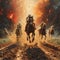 The riders on horses running from the fiery explosion. The concept of the apocalypse.