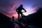 Riders on mountain bikes explore rugged terrain during the evening