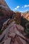 Ridge walk in beautiful scenery in Zion National Park along the Angel\'s Landing trail, Hiking in Zion Canyon, Utah, USA