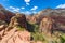 Ridge walk in beautiful scenery in Zion National Park along the Angel\'s Landing trail, Hiking in Zion Canyon, Utah, USA