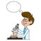 Ridiculous caricature the biologist looks in a microscope