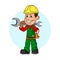 Ridiculous caricature the cheerful worker with the tool in hands a vector illustration.