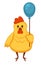 Ridiculous plump chicken that holds blue balloon by rope