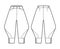 Riding breeches short pants technical fashion illustration with knee length, low normal waist, high rise, curved pocket