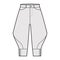 Riding breeches short pants technical fashion illustration with knee length, low waist, rise, curved pocket, buttoned.