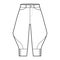 Riding breeches short pants technical fashion illustration with knee length, low waist, rise, curved pocket, buttoned.