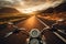 Riding motorcycle scenic road sunset. Generate Ai