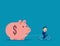 Riding and pulling piggy bank. Business budget and saving concept. Flat business vector style