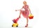 Riding shopping cart. home delivery. vintage housewife woman isolated on white. savings on purchases retro woman go