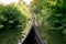 Riding wood fishing boat in kerala backwaters village water channel under palm trees, a pristine natural environment during