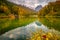 Riessersee alpine lake reflection at sunrise, Garmisch, Bavarian alps, Germany