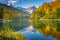 Riessersee alpine lake reflection at sunrise, Garmisch, Bavarian alps, Germany