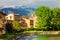 Rieti, city of central Italy. Fiume Velino with ancient houses and the Terminillo mountain at the top