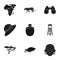 Rifle, mask, map of the territory, diamonds and other equipment. African safari set collection icons in black style