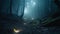 A Rift in Space In The Middle Of A Haunted Forest at Night Mist Fog Lens Flares AI Generative