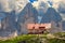 The Rifugio Locatelli and the Tre Cime di Lavaredo Three Peaks . Dolomites, Italy.