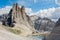 Rifugio Re Alberto and the Vajolet Towers Torri Vajolet, Dolomites, Italy on a beautiful summer day