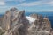 rifugio vajolet and towers with snow in italian dolomite mountains