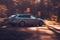 Riga, Latvia 21 October 2021: Fast moving Audi A6 3.0 TDI Quattro in the sunny autumn forest, auto in fast motion