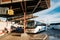 Riga, Latvia. Buses parked at the Riga International Coach Terminal, bus station. People