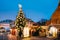 Riga, Latvia. Christmas Market On Dome Square. Christmas Tree And Trading Houses