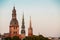 Riga Latvia. Close Three Towers Of Riga Cathedral, St. Peter\'s Church