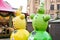 Riga, Latvia - December 09 2019. recycling. Colorful snowmen, green and yellow. Bins for separate collection of garbage