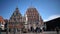 Riga - Latvia, JUNE 17, 2016:Monument to Roland at Town Hall Square against the background House of the Blackheads of