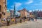 RIGA, LATVIA - MAY 06, 2017: View on the colored cozy old houses, churches and Dome Square with street cafes that are located i