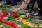 Riga, Latvia, May 9, 2008 - demonstration in Riga regarding Soviet victory in World War 2, people laying flowers and smiling