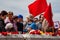 Riga, Latvia, May 9, 2008 - demonstration in Riga regarding Soviet victory in World War 2, people laying flowers and smiling