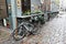 Riga, Latvia, November 2019. Bicycle in front of a shopping center in the center of a medieval city.