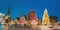 Riga, Latvia. Panorama Of Town Hall Square, Popular Place With Famous Landmarks On It In Night Illumination In Winter