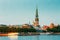 Riga Latvia. View Of Daugava River Embankment, Old Town, Tower O