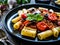 Rigatoni with delicious stew - aubergine with tomatoes and black olives on wooden table