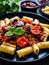 Rigatoni with delicious stew - aubergine with tomatoes and black olives on wooden table