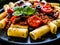 Rigatoni with delicious stew - aubergine with tomatoes and black olives on wooden table