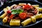 Rigatoni with delicious stew - aubergine with tomatoes and black olives on wooden table