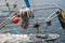 Rigging of deep-sea sailboats. Sailing accessories on a yacht.